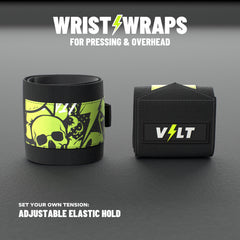 VOLT elastic wrist wraps for pressing and overhead, Original (lime print), on a grey rubber gym floor, adjustable elastic hold #Original