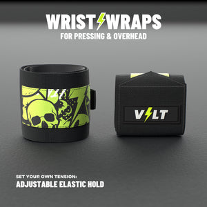 VOLT elastic wrist wraps for pressing and overhead, Original (lime print), on a grey rubber gym floor, adjustable elastic hold #Original