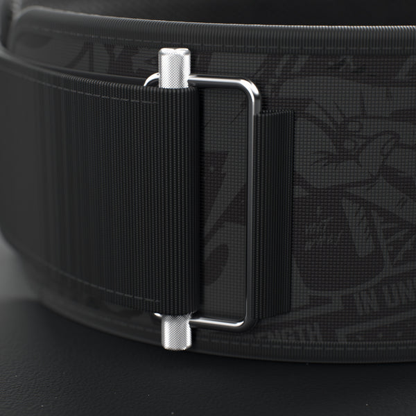 VOLT IronBelt 4" weightlifting belt, BlackEdition (grey print), close-up of the steel roller buckle #IronBeltBlackEdition