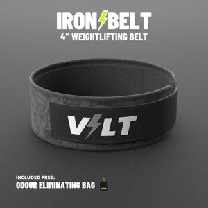 VOLT IronBelt 4" weightlifting belt, BlackEdition (grey print), standing on a grey rubber gym floor #IronBeltBlackEdition