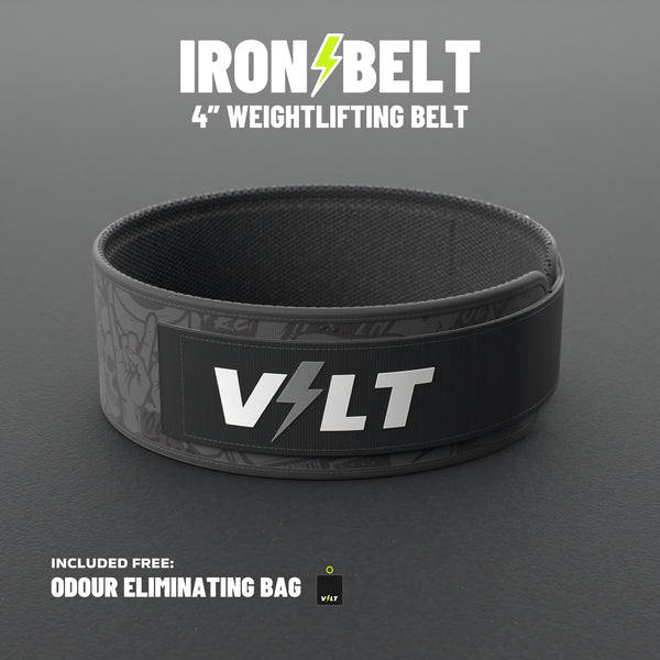 VOLT IronBelt 4" weightlifting belt, BlackEdition (grey print), standing on a grey rubber gym floor #IronBeltBlackEdition