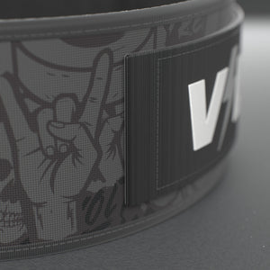 VOLT IronBelt 4" weightlifting belt, BlackEdition (grey print), close-up of the strap end and VOLT tab #IronBeltBlackEdition