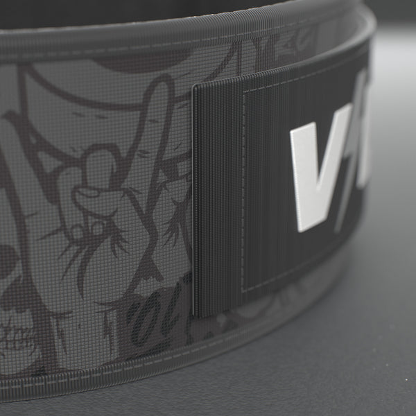 VOLT IronBelt 4" weightlifting belt, BlackEdition (grey print), close-up of the strap end and VOLT tab #IronBeltBlackEdition