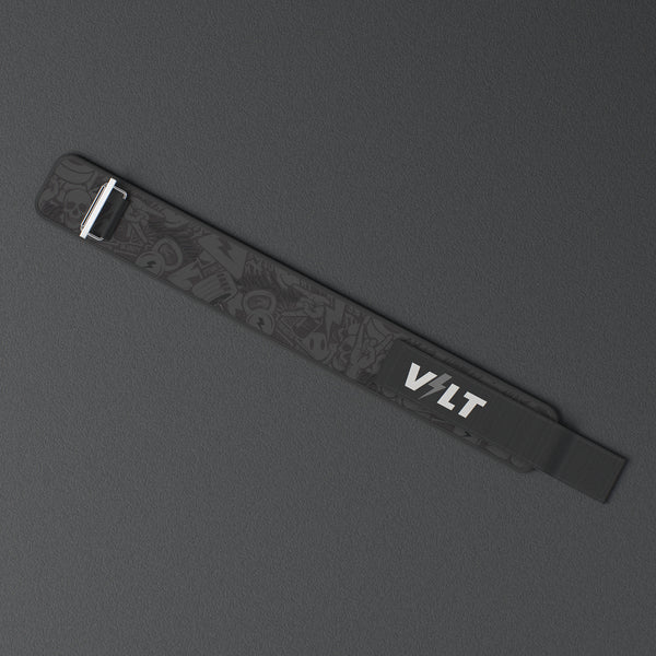 VOLT IronBelt 4" weightlifting belt, BlackEdition (grey print), laid flat, from above, on a rubber floor #IronBeltBlackEdition