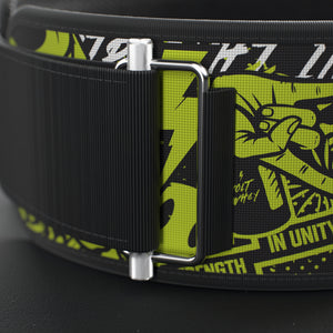 VOLT IronBelt 4" weightlifting belt, Original (lime print), close-up of the steel roller buckle #IronBeltOriginal