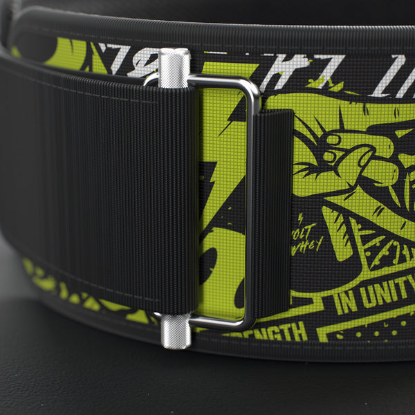 VOLT IronBelt 4" weightlifting belt, Original (lime print), close-up of the steel roller buckle #IronBeltOriginal