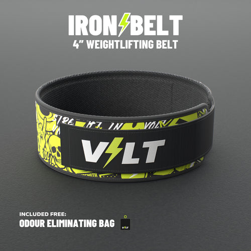VOLT IronBelt 4" weightlifting belt, Original (lime print), standing on a grey rubber gym floor #IronBeltOriginal