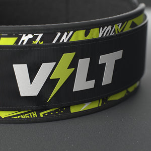 VOLT IronBelt 4" weightlifting belt, Original (lime print), close-up of the VOLT logo patch #IronBeltOriginal