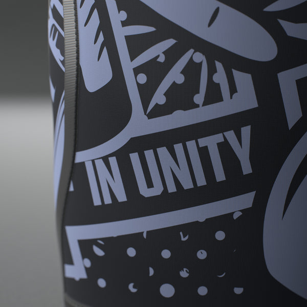 VOLT knee sleeves, BlackEdition (grey print), close-up of the IN UNITY banner on the print #BlackEdition