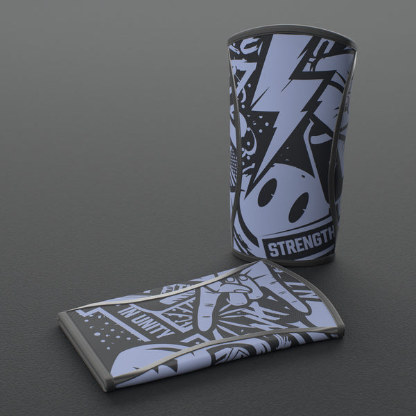 VOLT knee sleeves, BlackEdition (grey print), one standing and one laid flat on a grey rubber gym floor #BlackEdition