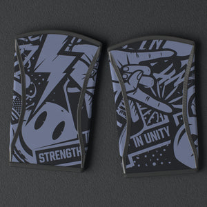 VOLT knee sleeves, BlackEdition (grey print), a pair laid flat, from above, on a rubber floor #BlackEdition