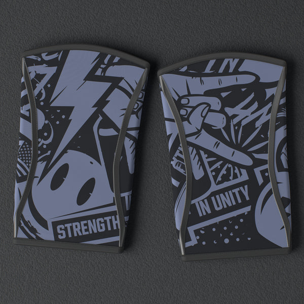 VOLT knee sleeves, BlackEdition (grey print), a pair laid flat, from above, on a rubber floor #BlackEdition