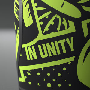 VOLT knee sleeves, Original (lime print), close-up of the IN UNITY banner on the print #Original