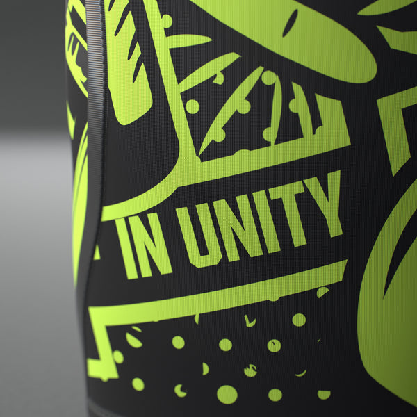 VOLT knee sleeves, Original (lime print), close-up of the IN UNITY banner on the print #Original