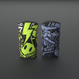VOLT knee sleeves, one Original (lime print) and one BlackEdition (grey print), standing on a grey rubber gym floor