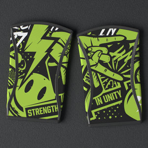 VOLT knee sleeves, Original (lime print), a pair laid flat, from above, on a rubber floor #Original