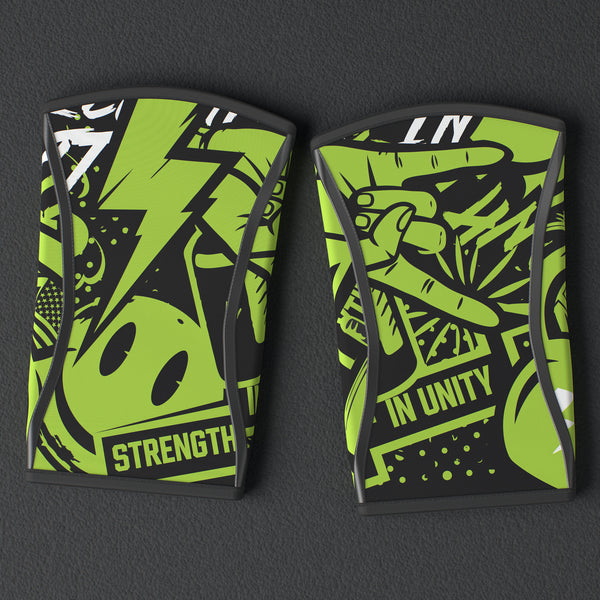 VOLT knee sleeves, Original (lime print), a pair laid flat, from above, on a rubber floor #Original