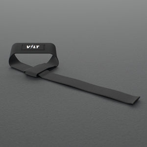 VOLT lifting straps, BlackEdition (grey bolt), one strap looped on a grey rubber gym floor #BlackEdition