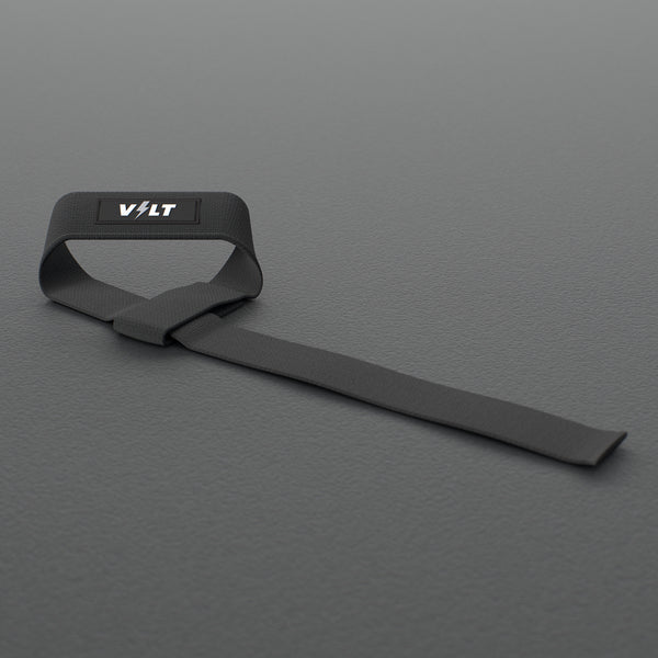 VOLT lifting straps, BlackEdition (grey bolt), one strap looped on a grey rubber gym floor #BlackEdition