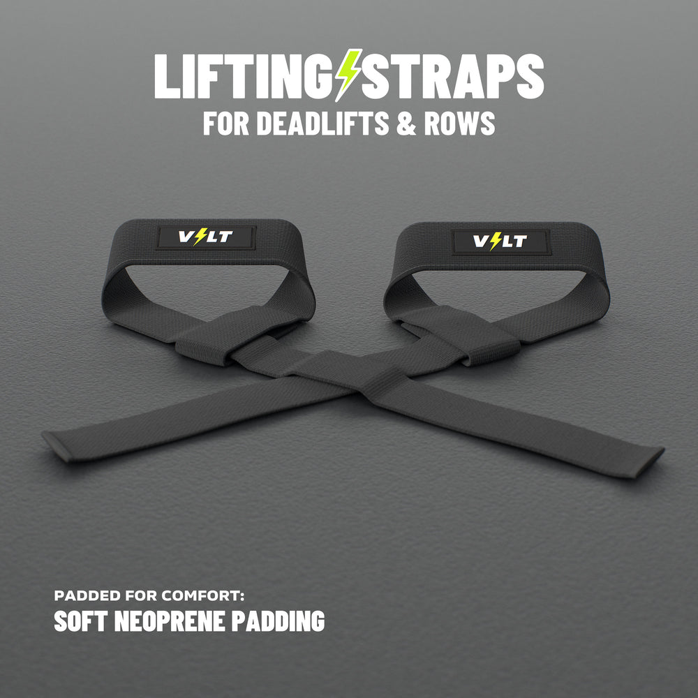 VOLT lifting straps, one Original (lime bolt) and one BlackEdition (grey bolt), on a grey rubber gym floor