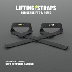 VOLT lifting straps for deadlifts and rows, Original (lime bolt on the logo patch), a pair on a grey rubber gym floor, soft neoprene padding #Original
