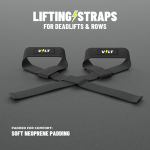 VOLT lifting straps for deadlifts and rows, Original (lime bolt on the logo patch), a pair on a grey rubber gym floor, soft neoprene padding #Original