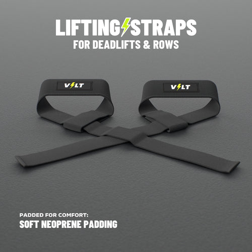 VOLT lifting straps for deadlifts and rows, Original (lime bolt on the logo patch), a pair on a grey rubber gym floor, soft neoprene padding #Original