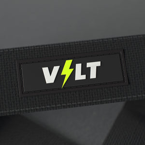VOLT lifting straps, Original (lime bolt), close-up of the VOLT logo patch #Original