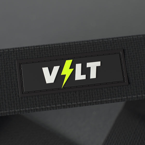 VOLT lifting straps, Original (lime bolt), close-up of the VOLT logo patch #Original