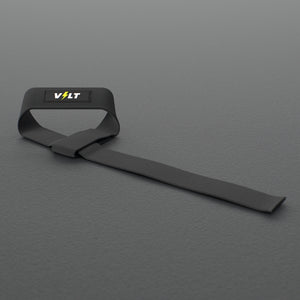 VOLT lifting straps, Original (lime bolt), one strap looped on a grey rubber gym floor #Original
