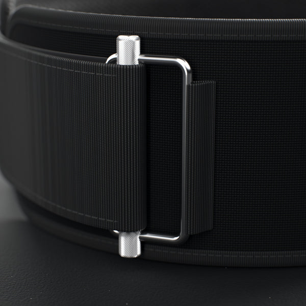 VOLT NovaBelt 4" weightlifting belt, BlackEdition (black VOLT logo on black), close-up of the steel roller buckle #NovaBeltBlackEdition