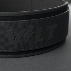 VOLT NovaBelt 4" weightlifting belt, BlackEdition (black VOLT logo on black), close-up of the VOLT logo #NovaBeltBlackEdition