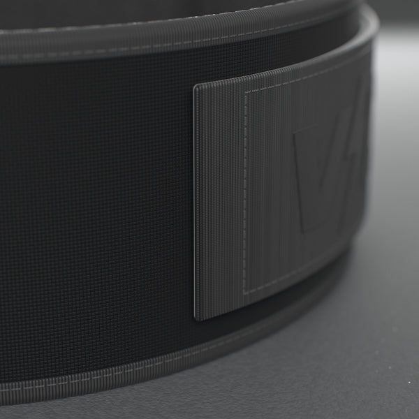 VOLT NovaBelt 4" weightlifting belt, BlackEdition (black VOLT logo on black), close-up of the strap end and VOLT tab #NovaBeltBlackEdition
