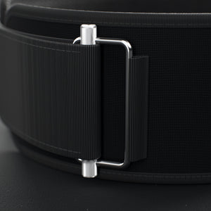 VOLT NovaBelt 4" weightlifting belt, Pink (pink VOLT logo on black), close-up of the steel roller buckle #NovaBeltPink