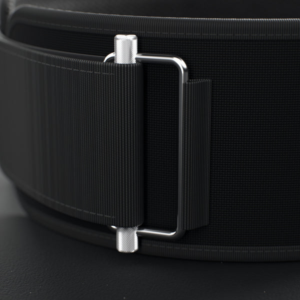 VOLT NovaBelt 4" weightlifting belt, Pink (pink VOLT logo on black), close-up of the steel roller buckle #NovaBeltPink