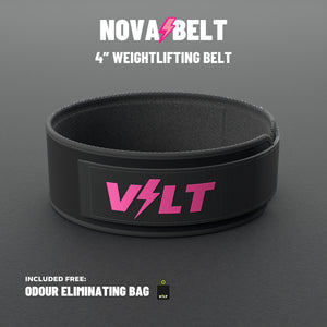 VOLT NovaBelt 4" weightlifting belt, Pink (pink VOLT logo on black), standing on a grey rubber gym floor #NovaBeltPink