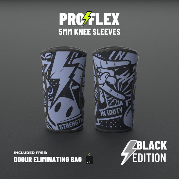 VOLT knee sleeves, 5mm, BlackEdition (grey print), a pair standing on a grey rubber gym floor, odour eliminating bag included free #5mm #BlackEdition