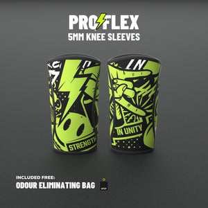 VOLT knee sleeves, 5mm, Original (lime print), a pair standing on a grey rubber gym floor, odour eliminating bag included free #5mm #Original