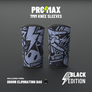VOLT knee sleeves, 7mm, BlackEdition (grey print), a pair standing on a grey rubber gym floor, odour eliminating bag included free #7mm #BlackEdition
