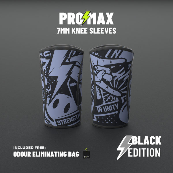 VOLT knee sleeves, 7mm, BlackEdition (grey print), a pair standing on a grey rubber gym floor, odour eliminating bag included free #7mm #BlackEdition